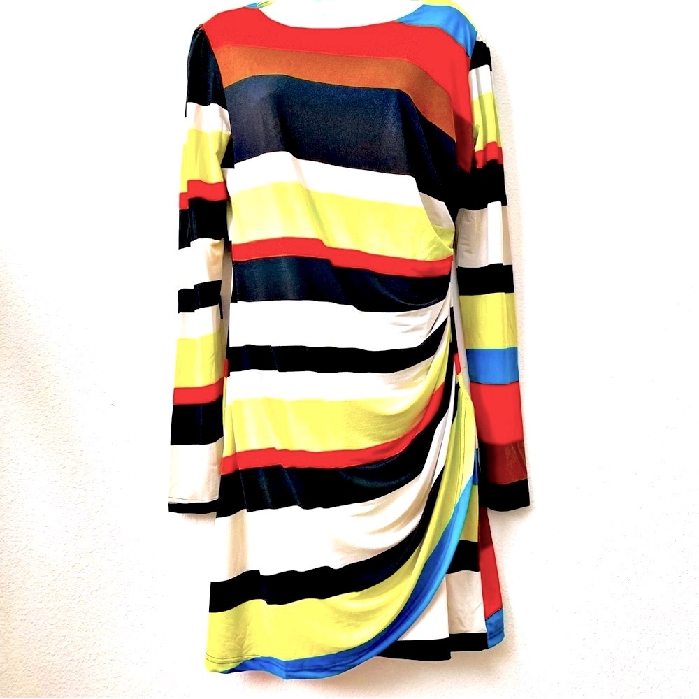 Nico La, Vintage Long Sleeve Colorful Striped Shirred Dress